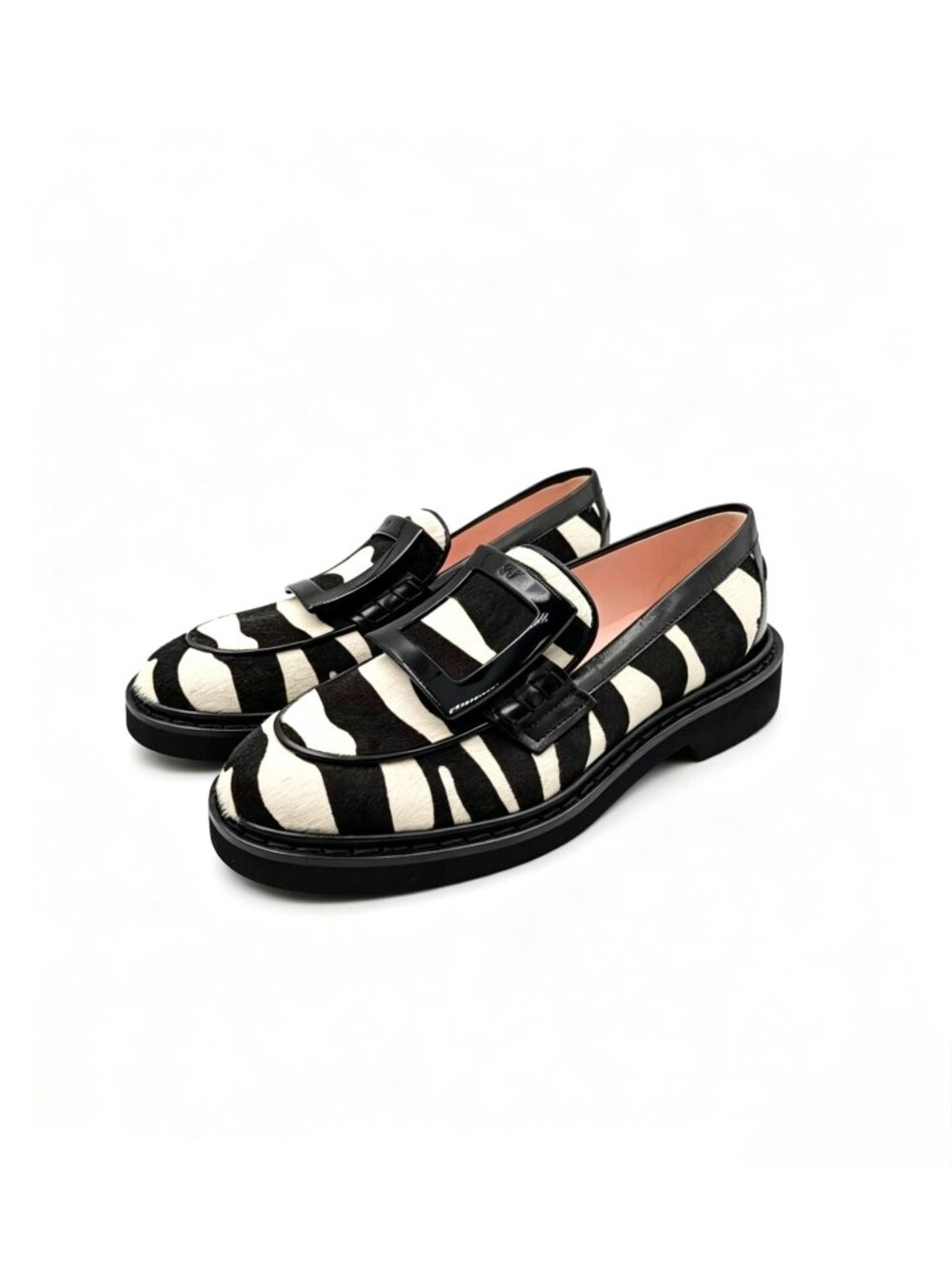 Roger Vivier Women's Viv Ranger Zebra Buckle Pony Hair Loafers EU36.5